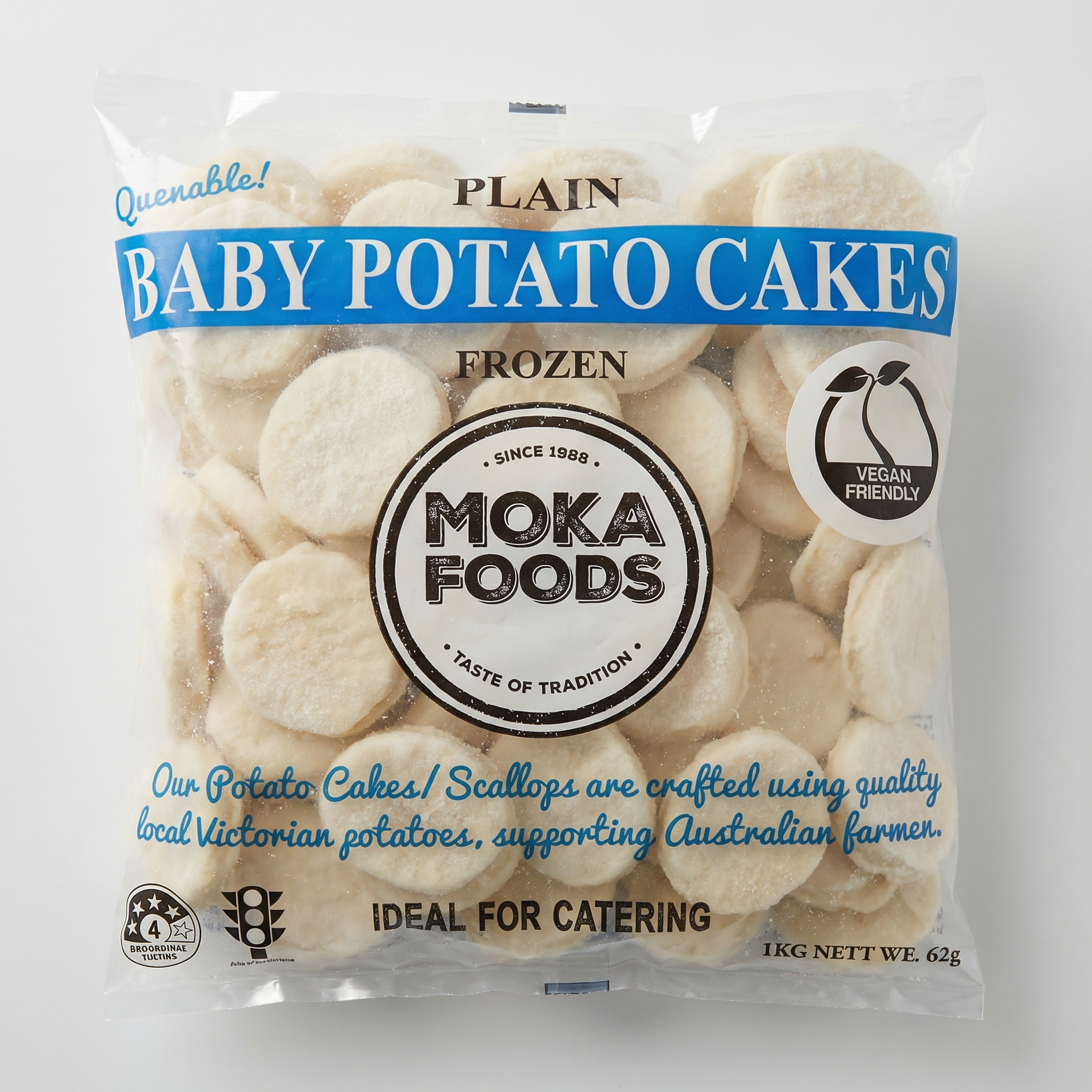 Baby Potato Cakes Plain 62pcs x 16g per 1kg bag - Moka Foods